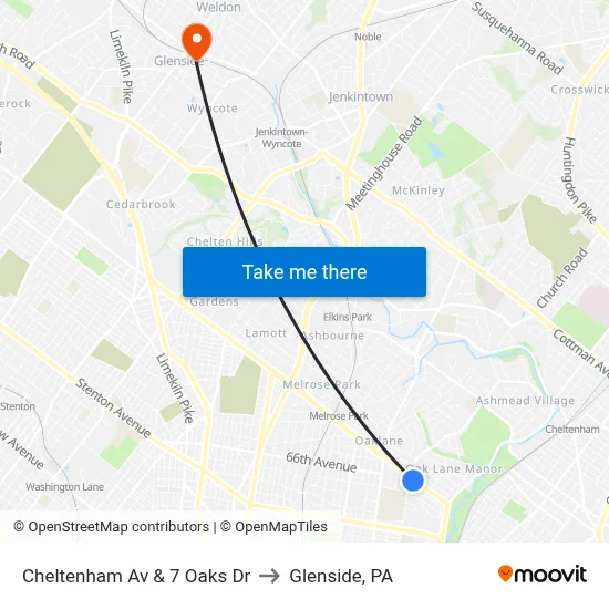 Cheltenham Av & 7 Oaks Dr to Glenside, PA map