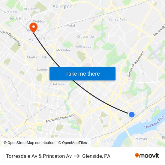 Torresdale Av & Princeton Av to Glenside, PA map