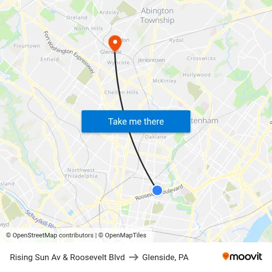 Rising Sun Av & Roosevelt Blvd to Glenside, PA map