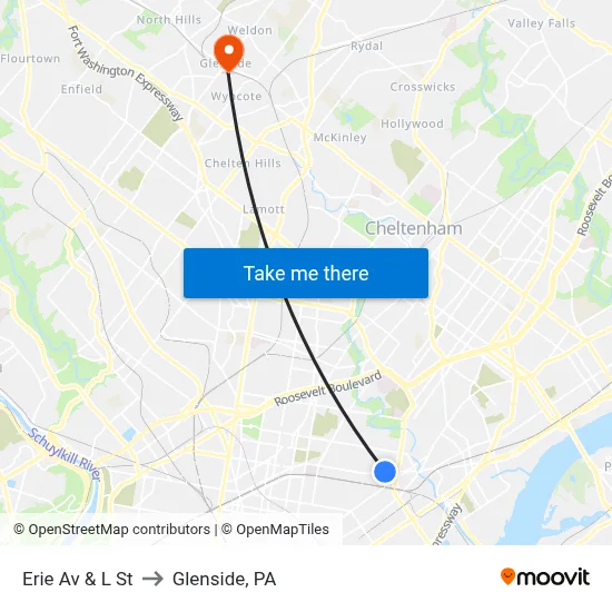 Erie Av & L St to Glenside, PA map