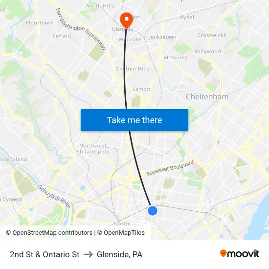 2nd St & Ontario St to Glenside, PA map