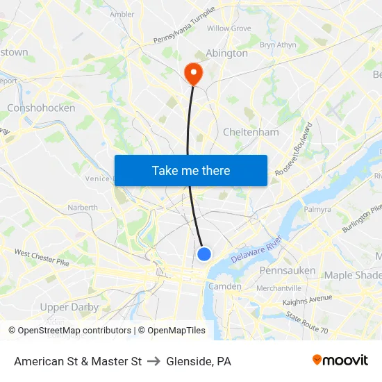 American St & Master St to Glenside, PA map