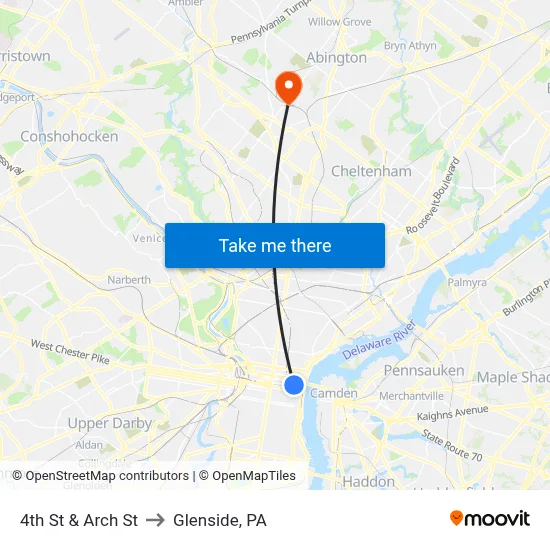 4th St & Arch St to Glenside, PA map