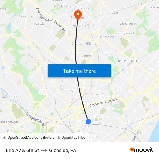 Erie Av & 6th St to Glenside, PA map