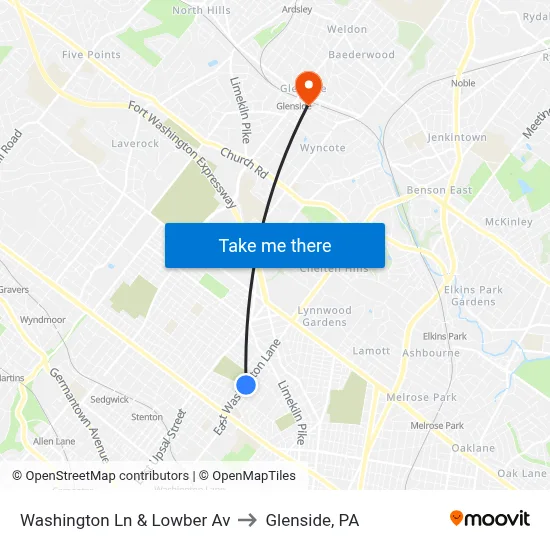 Washington Ln & Lowber Av to Glenside, PA map