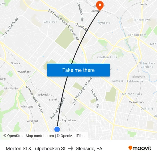 Morton St & Tulpehocken St to Glenside, PA map