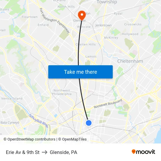 Erie Av & 9th St to Glenside, PA map