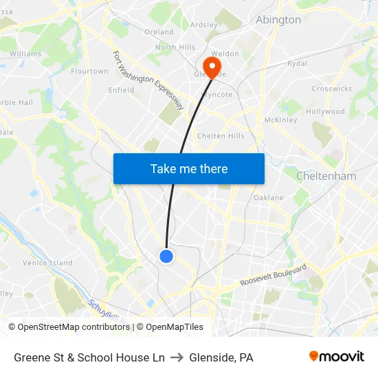 Greene St & School House Ln to Glenside, PA map