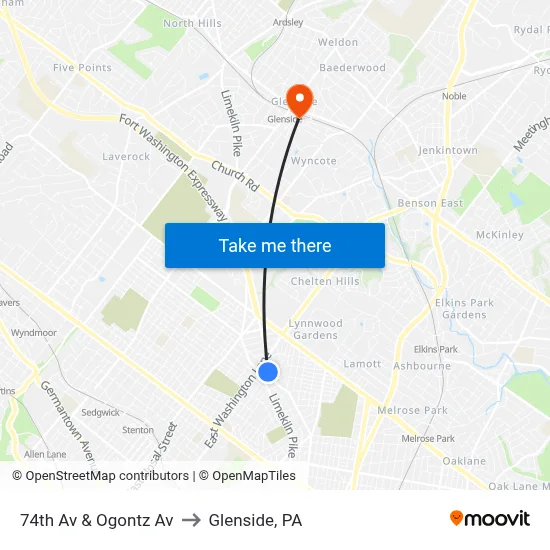74th Av & Ogontz Av to Glenside, PA map