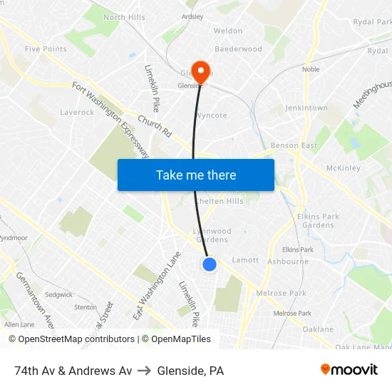 74th Av & Andrews Av to Glenside, PA map