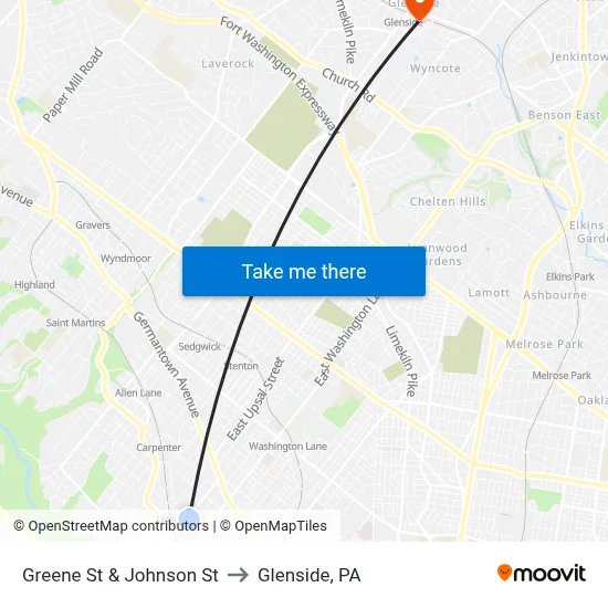 Greene St & Johnson St to Glenside, PA map