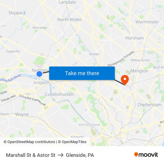 Marshall St & Astor St to Glenside, PA map