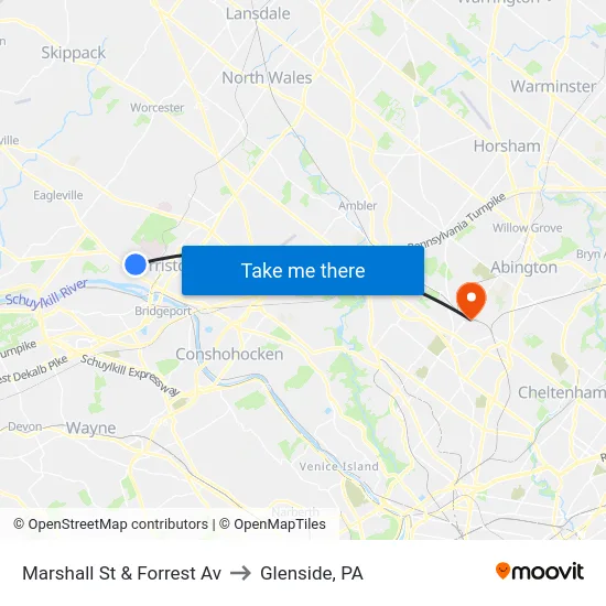 Marshall St & Forrest Av to Glenside, PA map