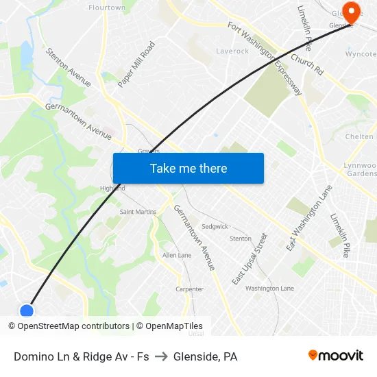 Domino Ln & Ridge Av - Fs to Glenside, PA map