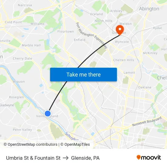 Umbria St & Fountain St to Glenside, PA map