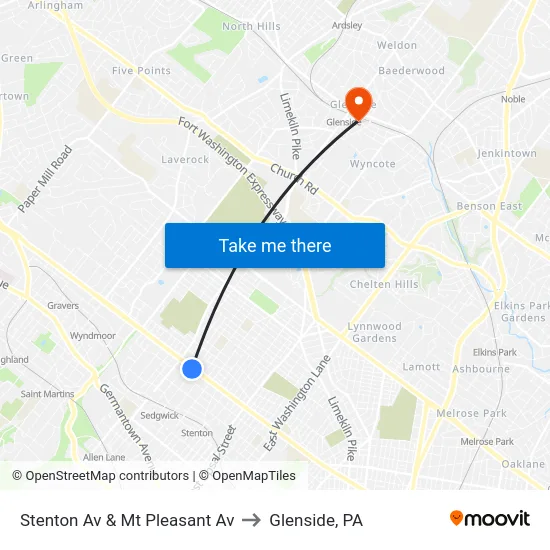 Stenton Av & Mt Pleasant Av to Glenside, PA map