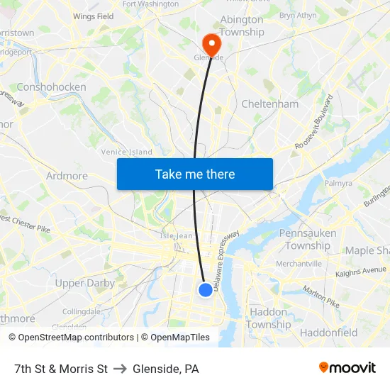 7th St & Morris St to Glenside, PA map