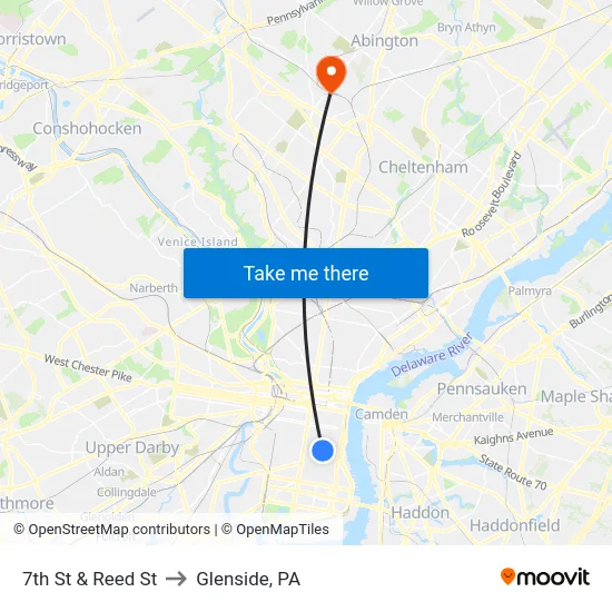 7th St & Reed St to Glenside, PA map
