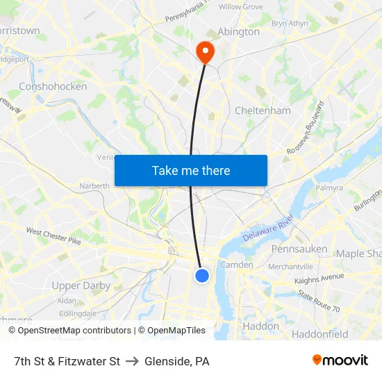 7th St & Fitzwater St to Glenside, PA map