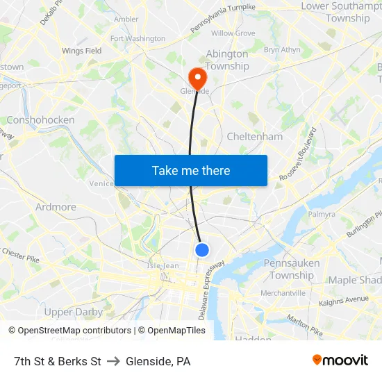 7th St & Berks St to Glenside, PA map