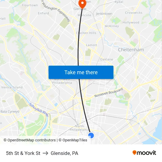 5th St & York St to Glenside, PA map