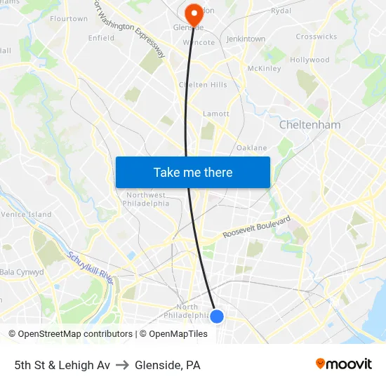 5th St & Lehigh Av to Glenside, PA map