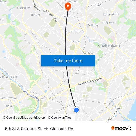 5th St & Cambria St to Glenside, PA map