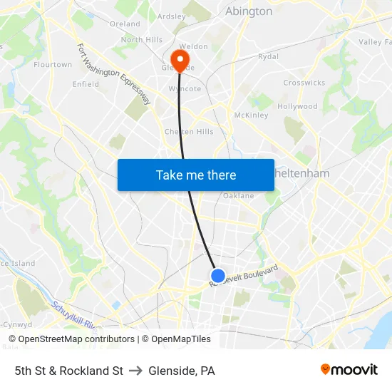 5th St & Rockland St to Glenside, PA map
