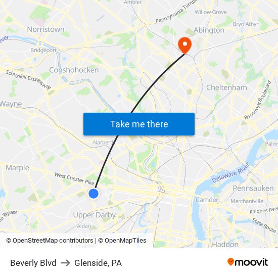 Beverly Blvd to Glenside, PA map
