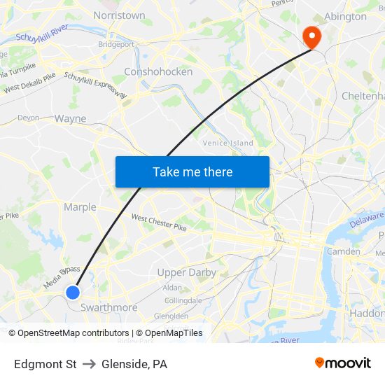 Edgmont St to Glenside, PA map
