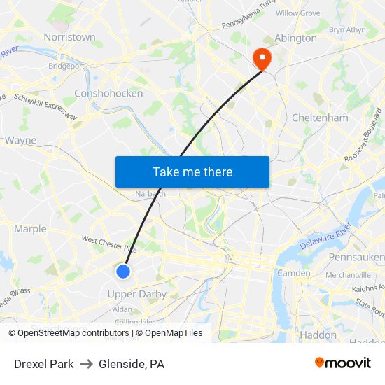 Drexel Park to Glenside, PA map