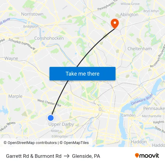 Garrett Rd & Burmont Rd to Glenside, PA map
