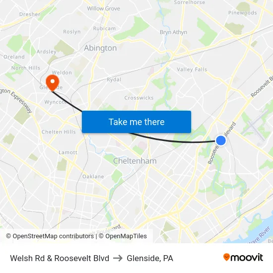 Welsh Rd & Roosevelt Blvd to Glenside, PA map
