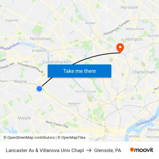Lancaster Av & Villanova Univ Chapl to Glenside, PA map