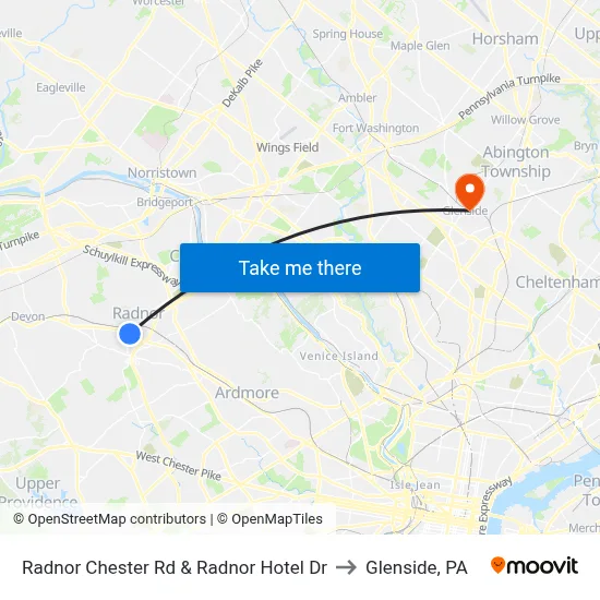 Radnor Chester Rd & Radnor Hotel Dr to Glenside, PA map