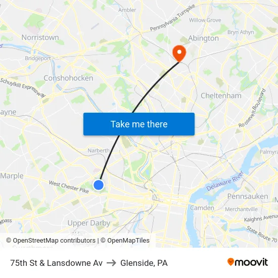 75th St & Lansdowne Av to Glenside, PA map