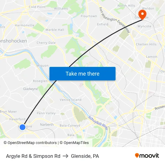 Argyle Rd & Simpson Rd to Glenside, PA map
