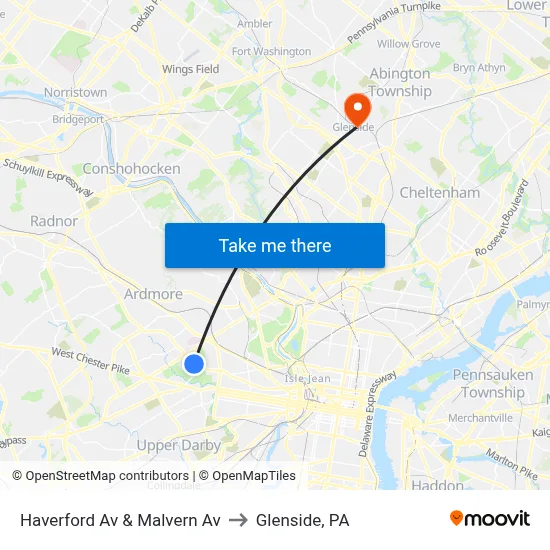 Haverford Av & Malvern Av to Glenside, PA map