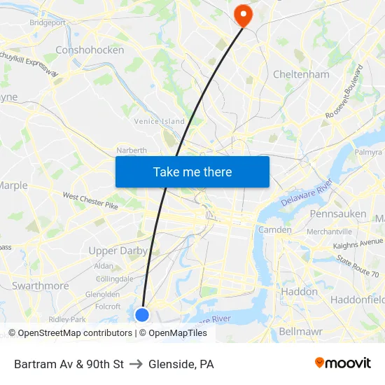 Bartram Av & 90th St to Glenside, PA map