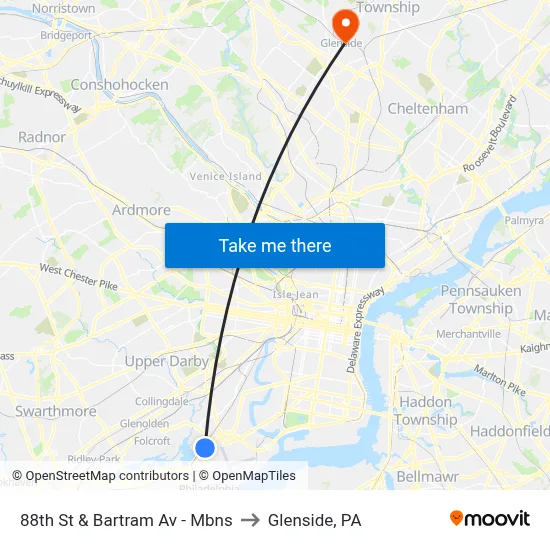88th St & Bartram Av - Mbns to Glenside, PA map