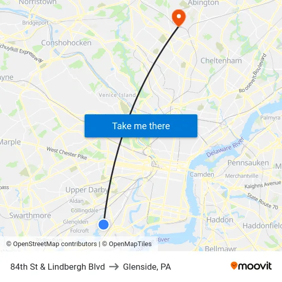 84th St & Lindbergh Blvd to Glenside, PA map