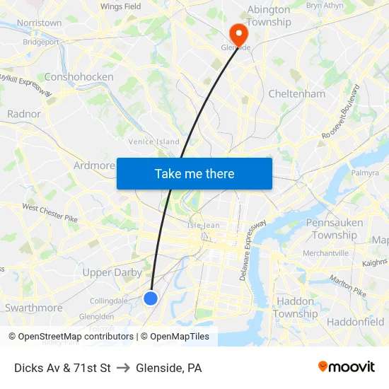 Dicks Av & 71st St to Glenside, PA map