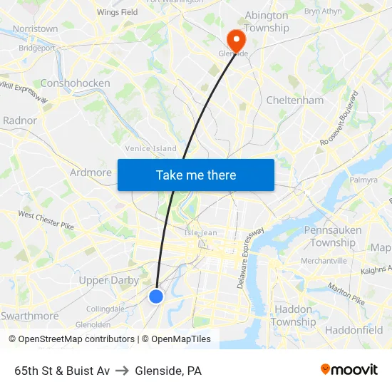 65th St & Buist Av to Glenside, PA map