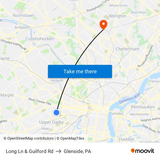 Long Ln & Guilford Rd to Glenside, PA map