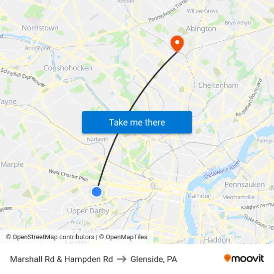 Marshall Rd & Hampden Rd to Glenside, PA map