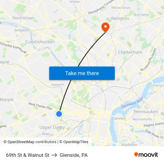 69th St & Walnut St to Glenside, PA map