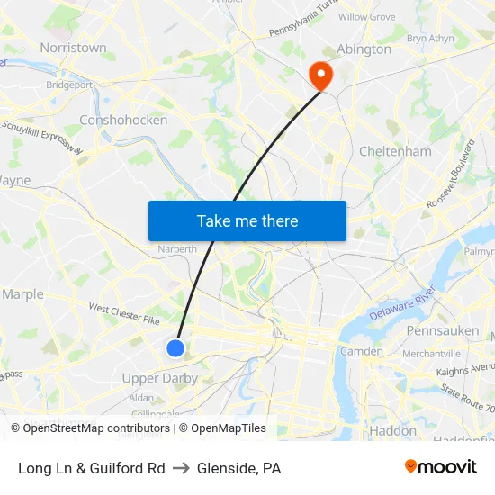 Long Ln & Guilford Rd to Glenside, PA map