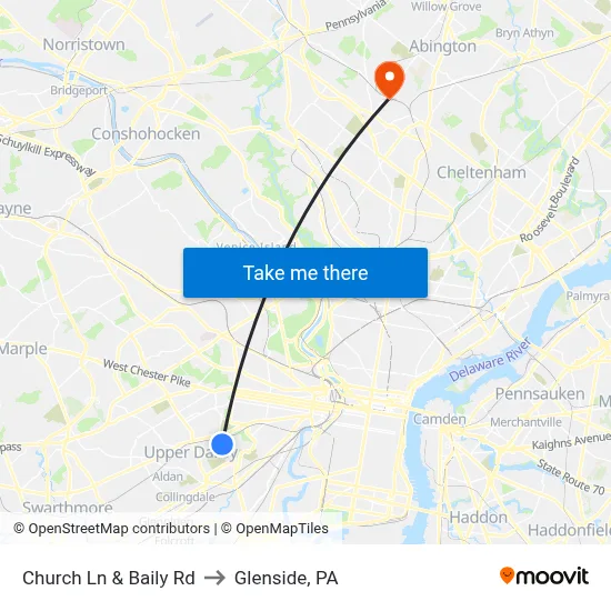 Church Ln & Baily Rd to Glenside, PA map
