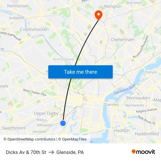 Dicks Av & 70th St to Glenside, PA map
