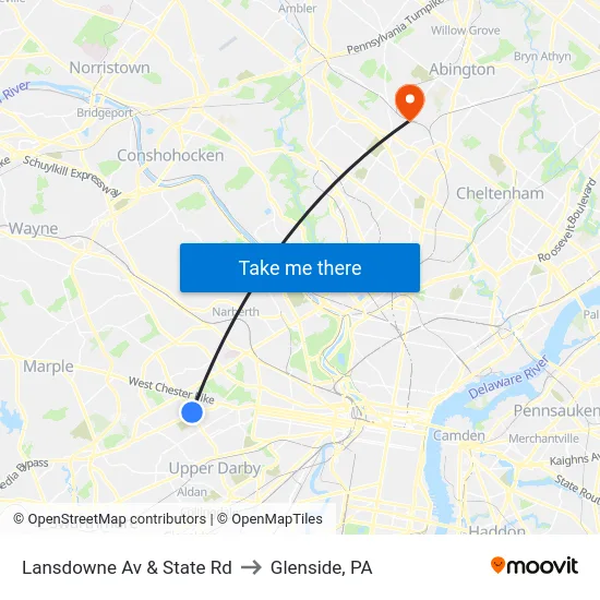 Lansdowne Av & State Rd to Glenside, PA map